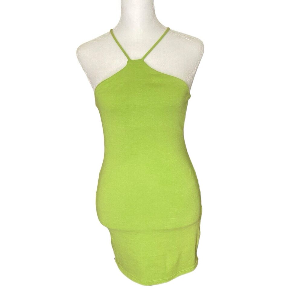 ZARA Small Bodycon Mini Dress Lime Green High Neck Halter Stretch
